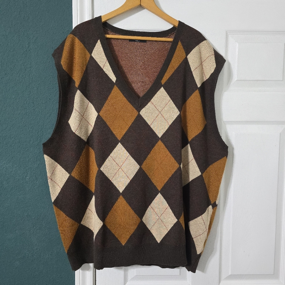 Kallspin Argyle Sweater Vest Wool Blend Sz 4XL Brown Preppy Goblincore Academia